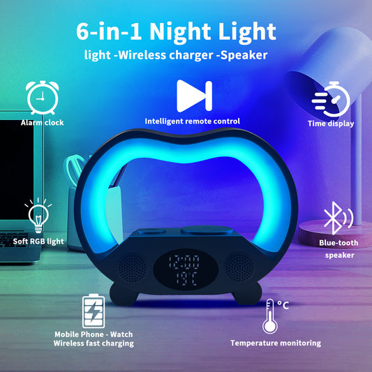 6-in-1 Wireless Charger & Smart LED Lamp | Bluetooth Speaker & Remote-Controlled Night Light